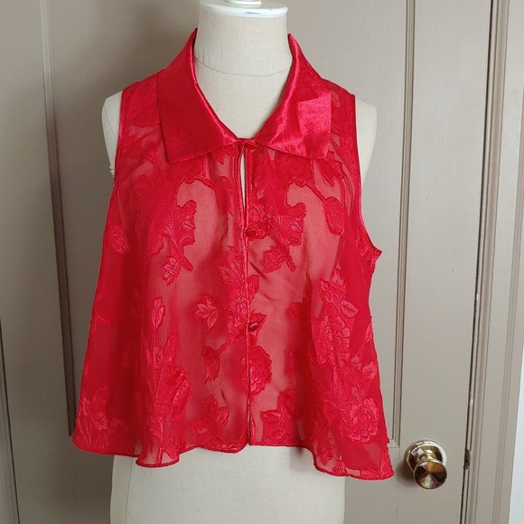 Vintage Tops - Retro 90s/Y2K Sheer Floral Lace & Satin Cropped Blouse Size M